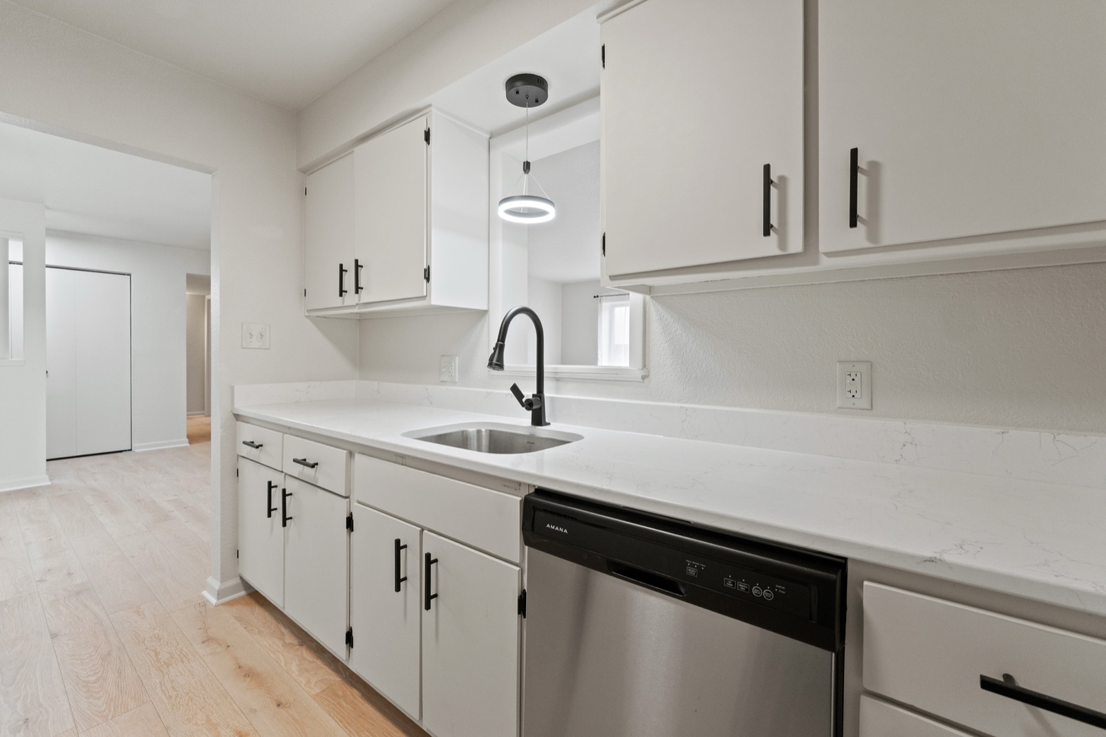 Galley kitchen with quartz