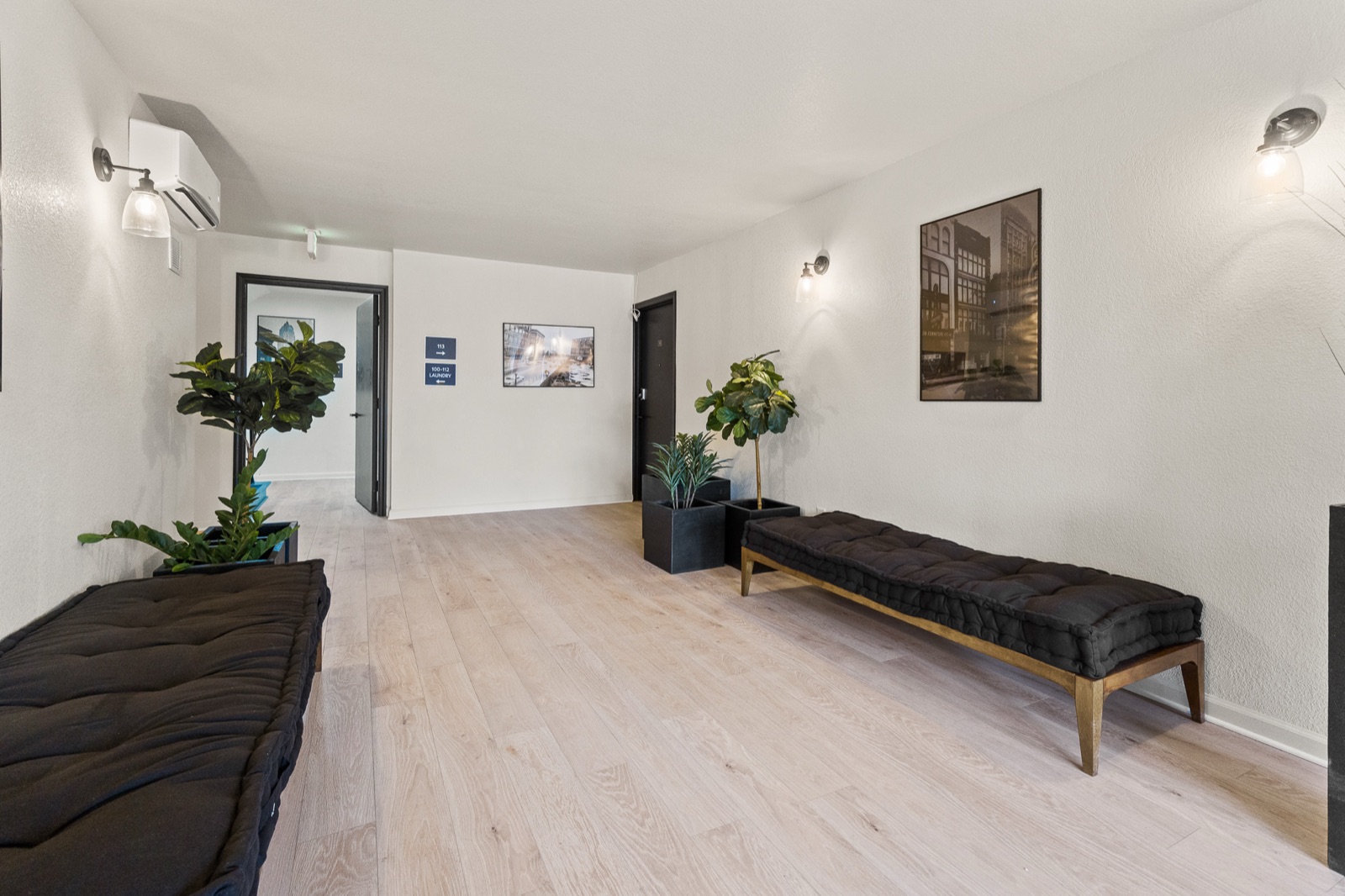 Lobby seating area with modern benches